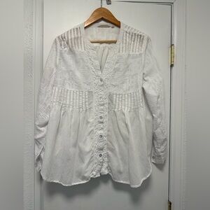 Soft Surroundings White Boho Embroidered Button Down Blouse | Large